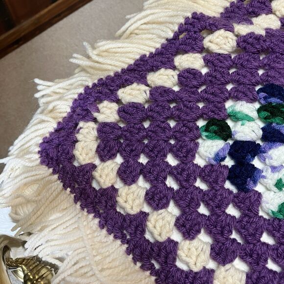 Vtg Granny Square Handmade Crochet Afghan Blanket Multicolor 51x60 Fringe - Picture 9 of 11